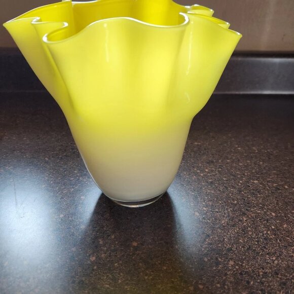 Blown Glass Ruffled Handkerchief Edge Vase White / Yellow by Gorgeous Designs - Picture 1 of 7